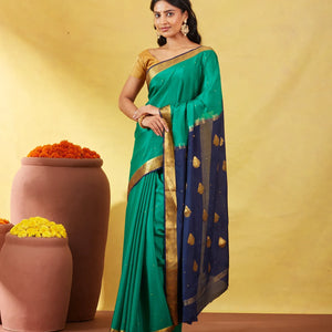 Sea Green Mysore Crepe Silk Saree With Coin Buttas & Navy Blue Zari Border