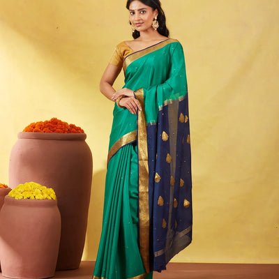 Sea Green Mysore Crepe Silk Saree With Coin Buttas & Navy Blue Zari Border