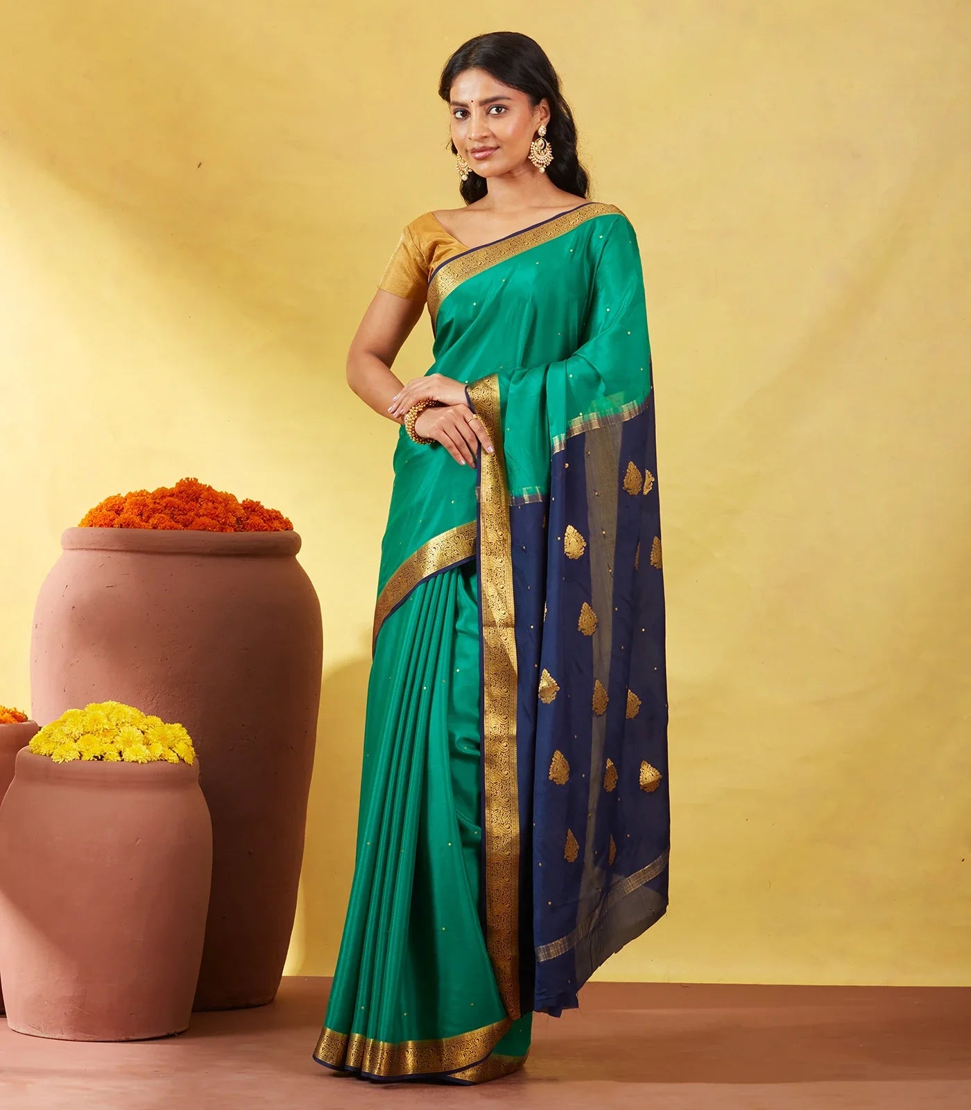Sea Green Mysore Crepe Silk Saree With Coin Buttas & Navy Blue Zari Border