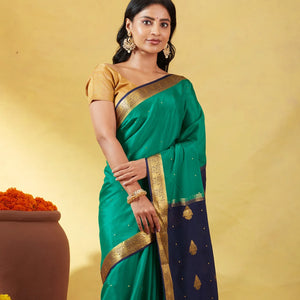 Sea Green Mysore Crepe Silk Saree With Coin Buttas & Navy Blue Zari Border