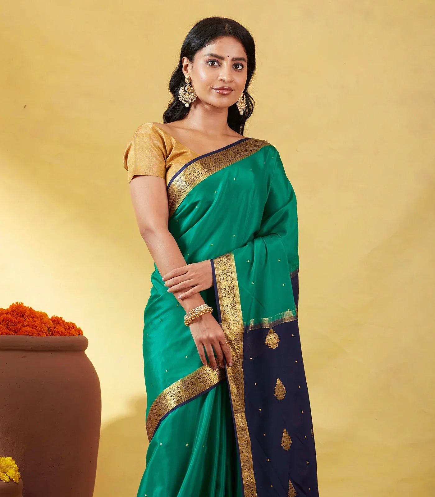 Sea Green Mysore Crepe Silk Saree With Coin Buttas & Navy Blue Zari Border