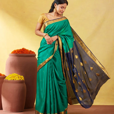 Sea Green Mysore Crepe Silk Saree With Coin Buttas & Navy Blue Zari Border