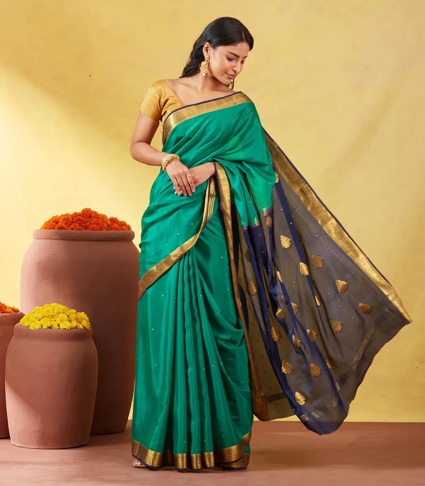 Sea Green Mysore Crepe Silk Saree With Coin Buttas & Navy Blue Zari Border