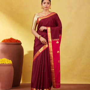 Maroon Mysore Crepe Silk Saree With Coin Buttas & Pink Zari Border