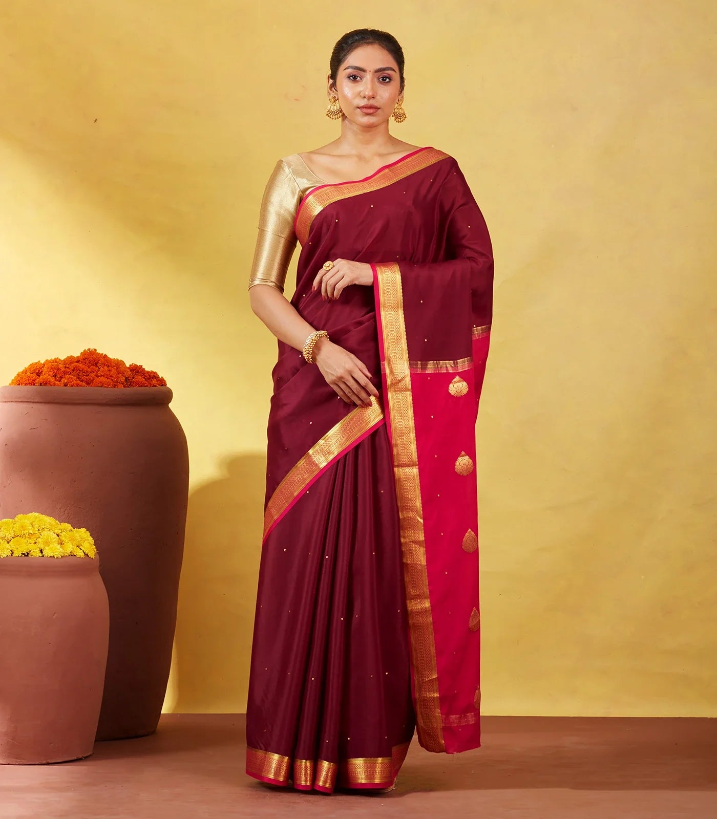 Maroon Mysore Crepe Silk Saree With Coin Buttas & Pink Zari Border