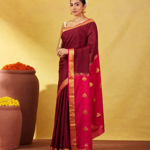 Maroon Mysore Crepe Silk Saree With Coin Buttas & Pink Zari Border