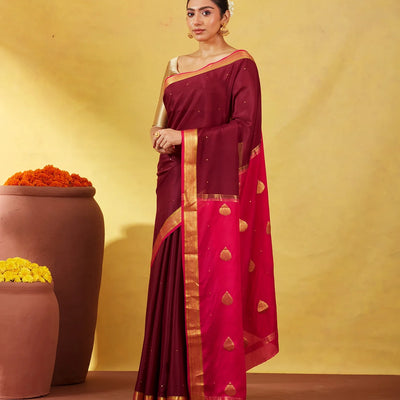 Maroon Mysore Crepe Silk Saree With Coin Buttas & Pink Zari Border