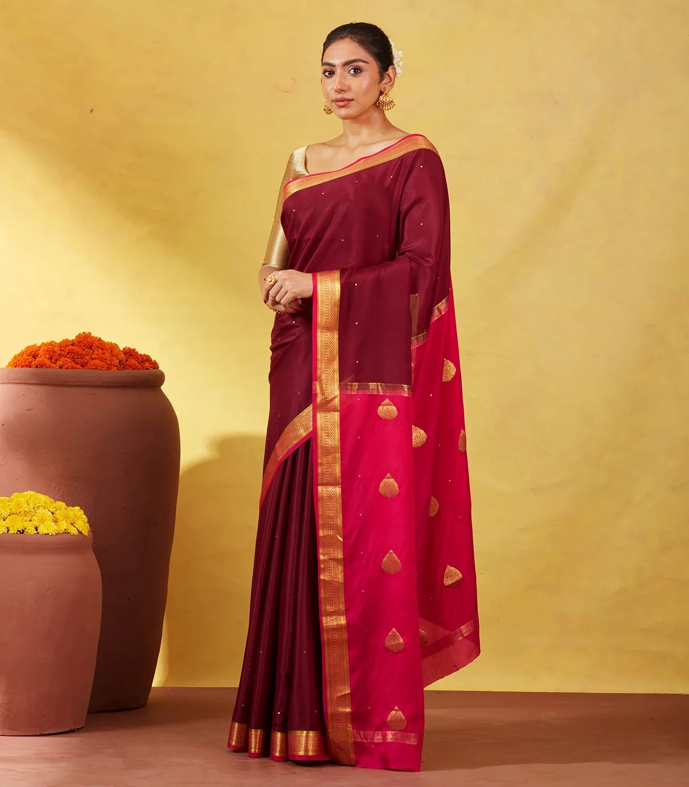 Maroon Mysore Crepe Silk Saree With Coin Buttas & Pink Zari Border