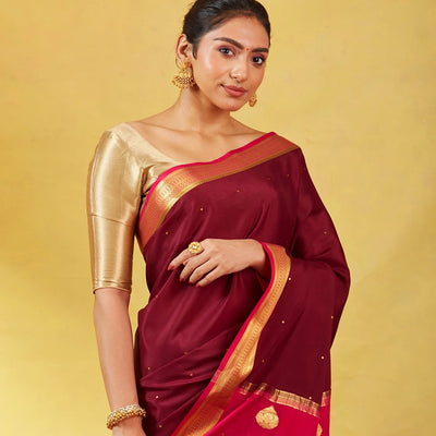 Maroon Mysore Crepe Silk Saree With Coin Buttas & Pink Zari Border