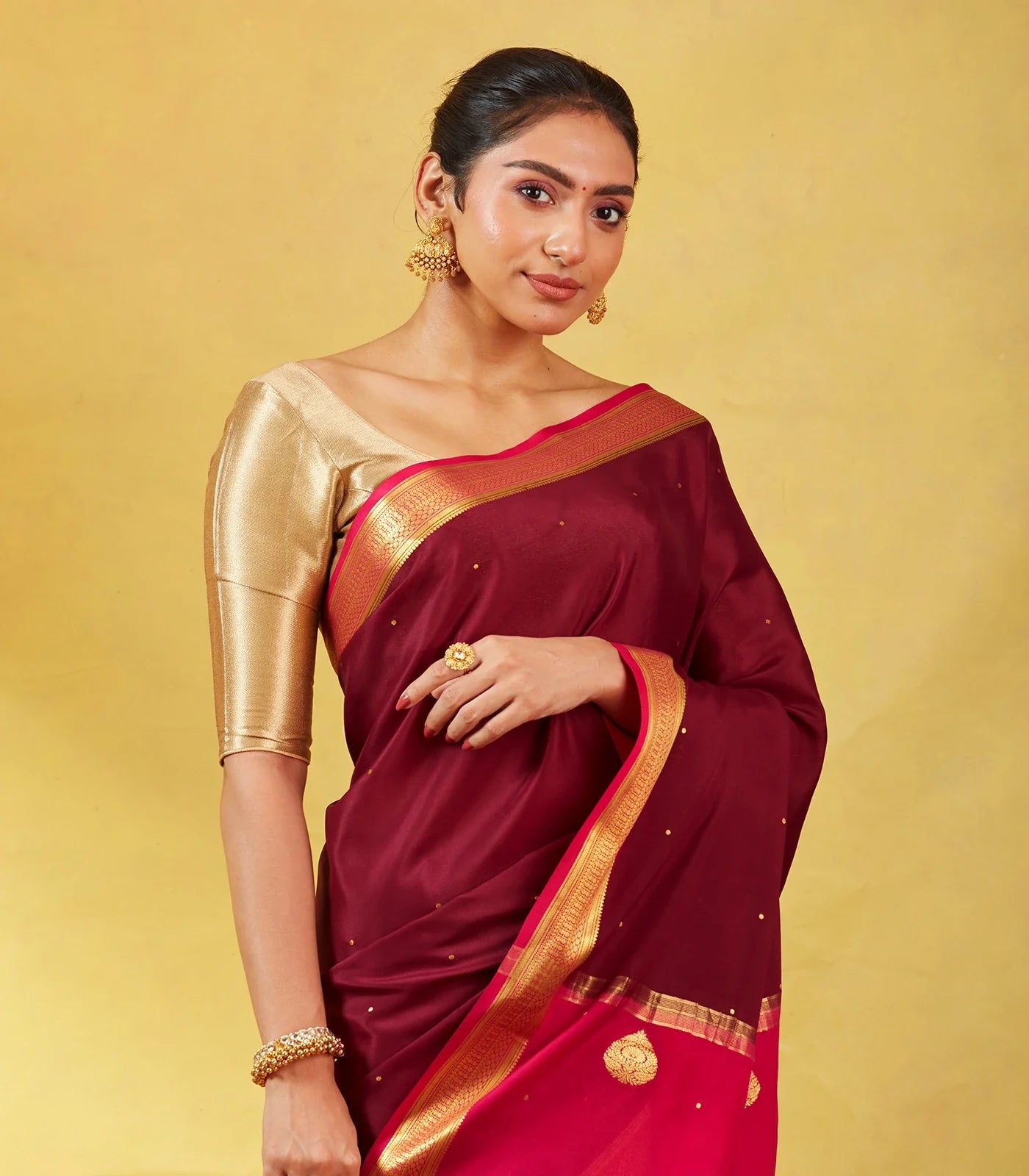 Maroon Mysore Crepe Silk Saree With Coin Buttas & Pink Zari Border