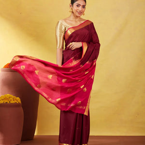 Maroon Mysore Crepe Silk Saree With Coin Buttas & Pink Zari Border