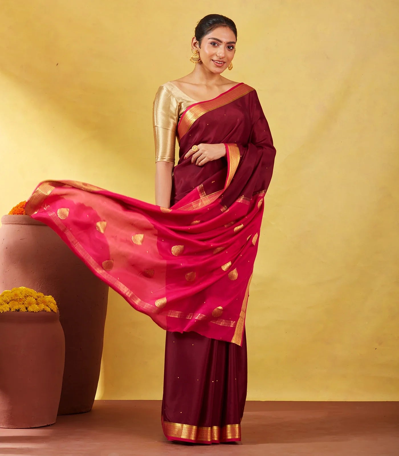 Maroon Mysore Crepe Silk Saree With Coin Buttas & Pink Zari Border