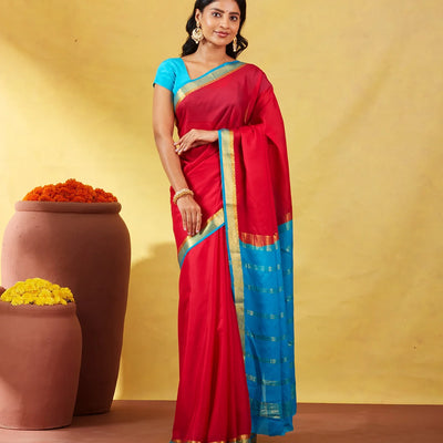 Crimson Mysore Plain Crepe Silk Saree With Cyan Border
