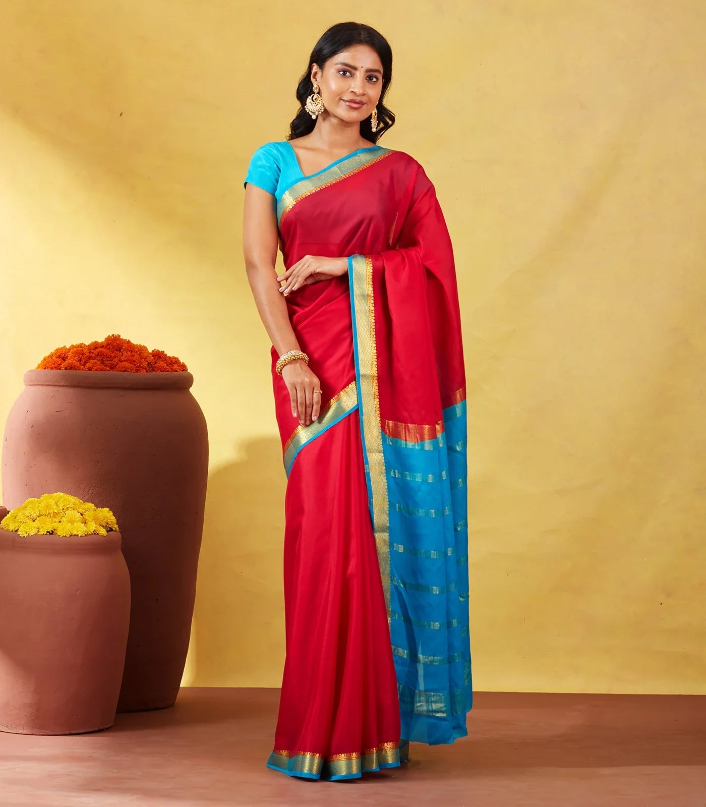 Crimson Mysore Plain Crepe Silk Saree With Cyan Border