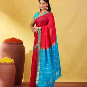 Crimson Mysore Plain Crepe Silk Saree With Cyan Border