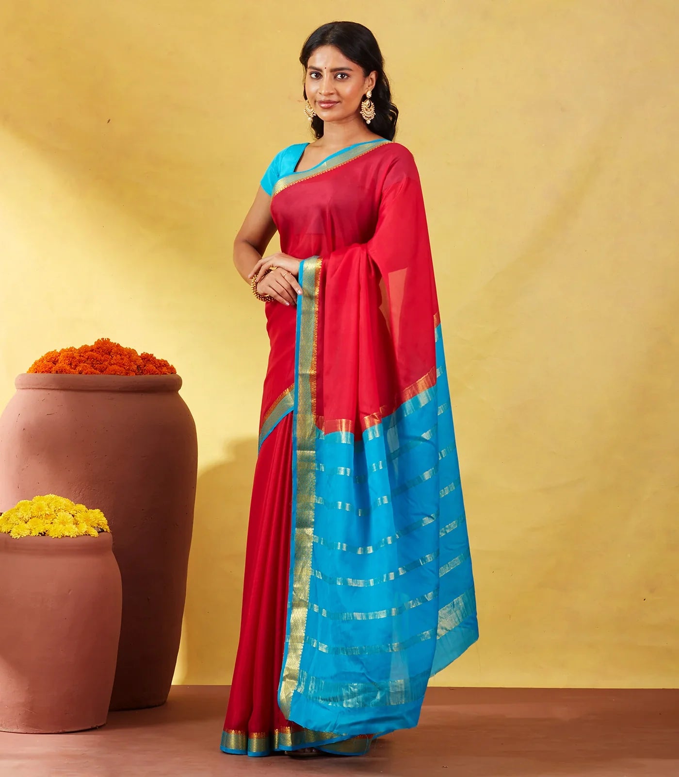 Crimson Mysore Plain Crepe Silk Saree With Cyan Border