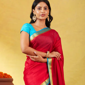 Crimson Mysore Plain Crepe Silk Saree With Cyan Border