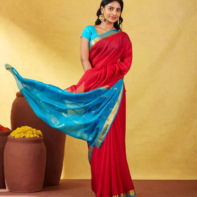 Crimson Mysore Plain Crepe Silk Saree With Cyan Border