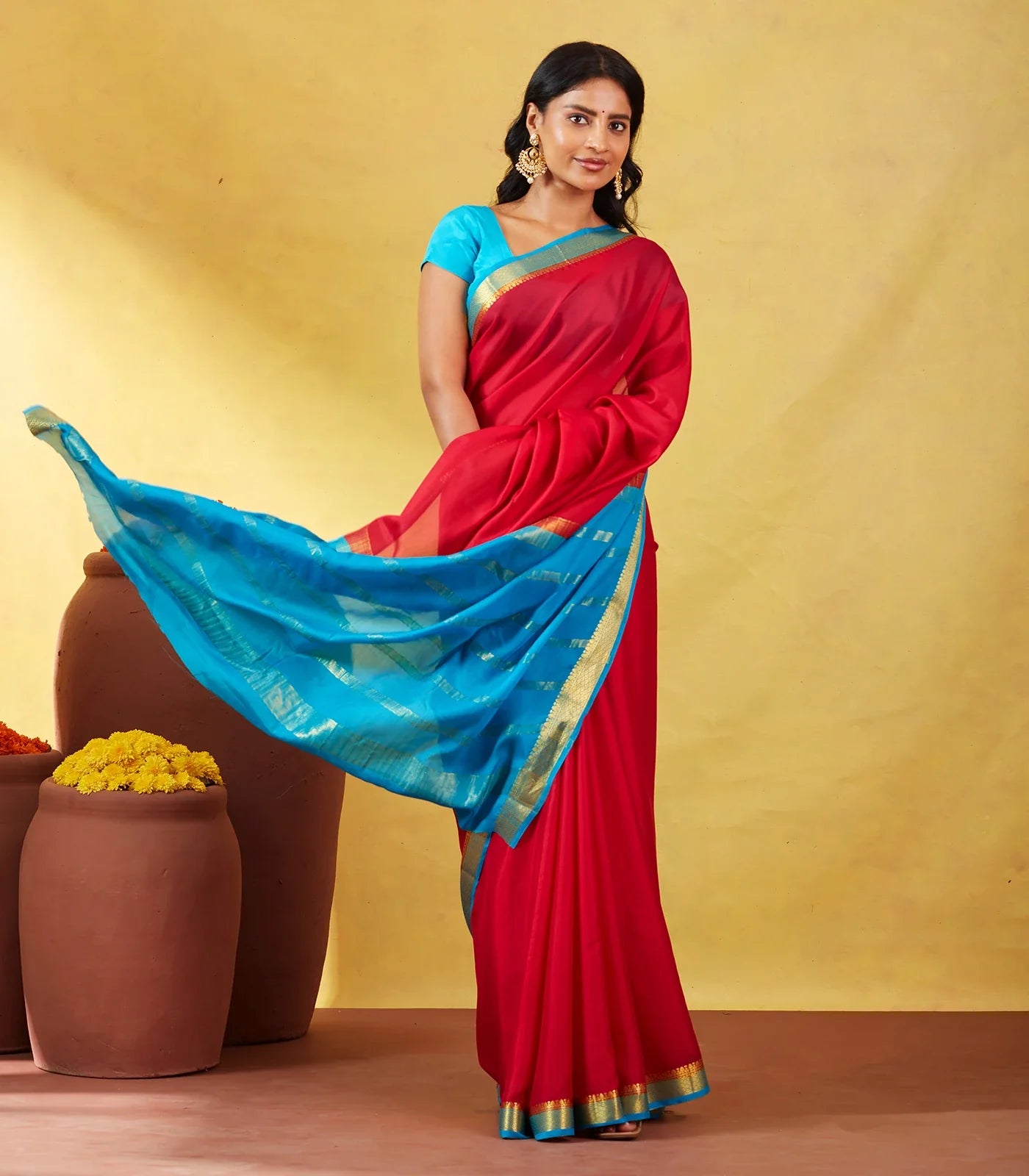 Crimson Mysore Plain Crepe Silk Saree With Cyan Border