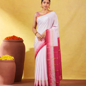 Lavender Mysore Plain Crepe Silk Saree With Contrast Pink Border