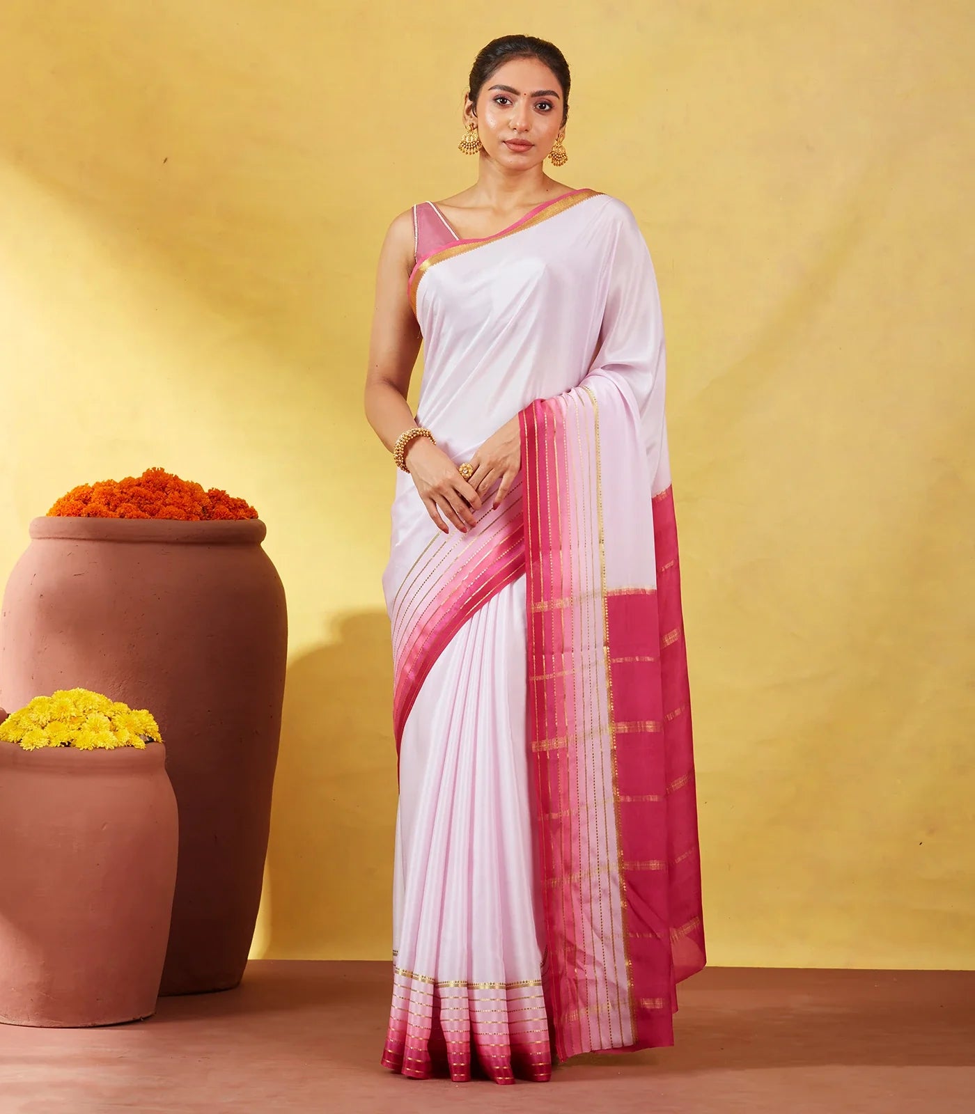 Lavender Mysore Plain Crepe Silk Saree With Contrast Pink Border