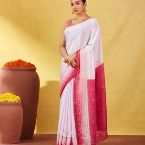 Lavender Mysore Plain Crepe Silk Saree With Contrast Pink Border