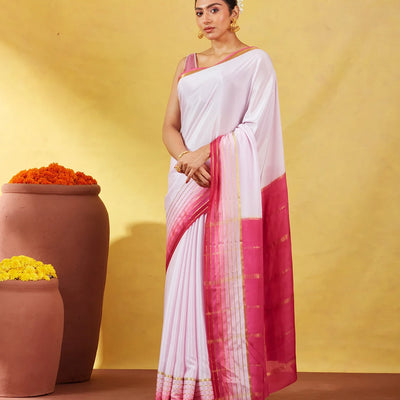 Lavender Mysore Plain Crepe Silk Saree With Contrast Pink Border