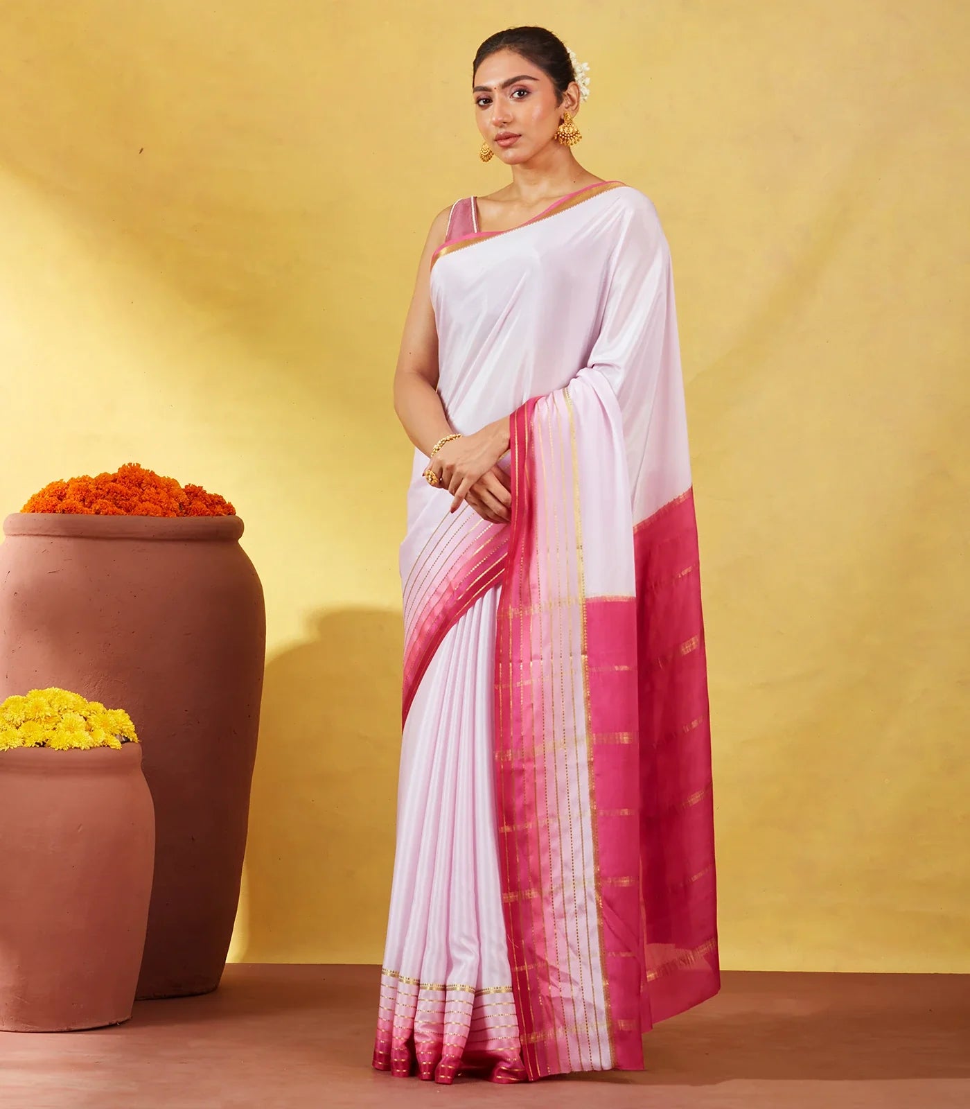 Lavender Mysore Plain Crepe Silk Saree With Contrast Pink Border