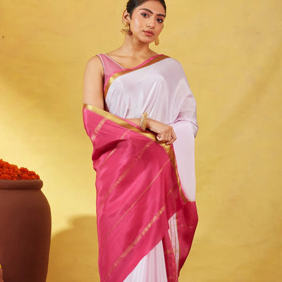 Lavender Mysore Plain Crepe Silk Saree With Contrast Pink Border