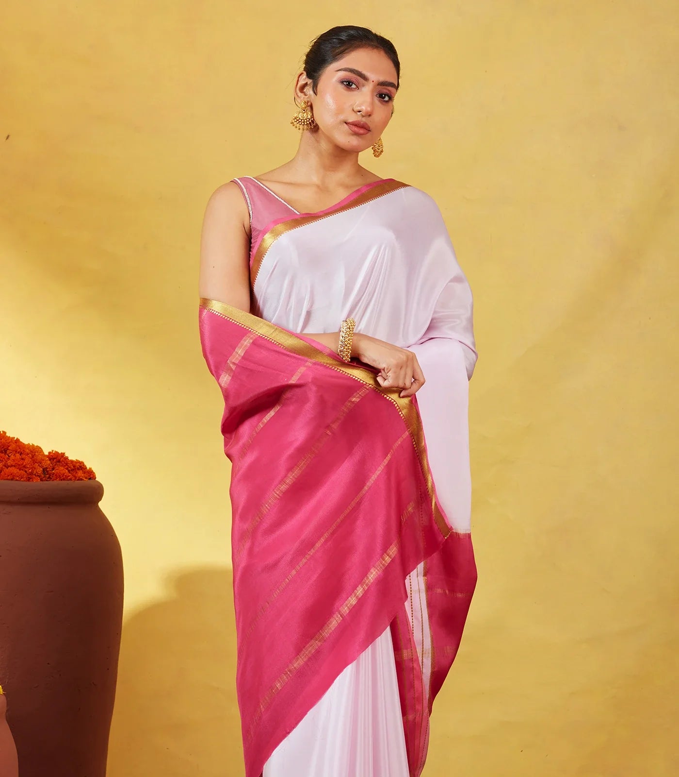 Lavender Mysore Plain Crepe Silk Saree With Contrast Pink Border