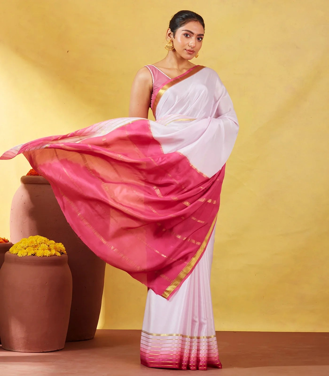 Lavender Mysore Plain Crepe Silk Saree With Contrast Pink Border