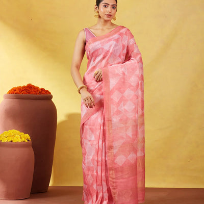 Peach Handwoven Linen Saree Printed With Geometric Motifs