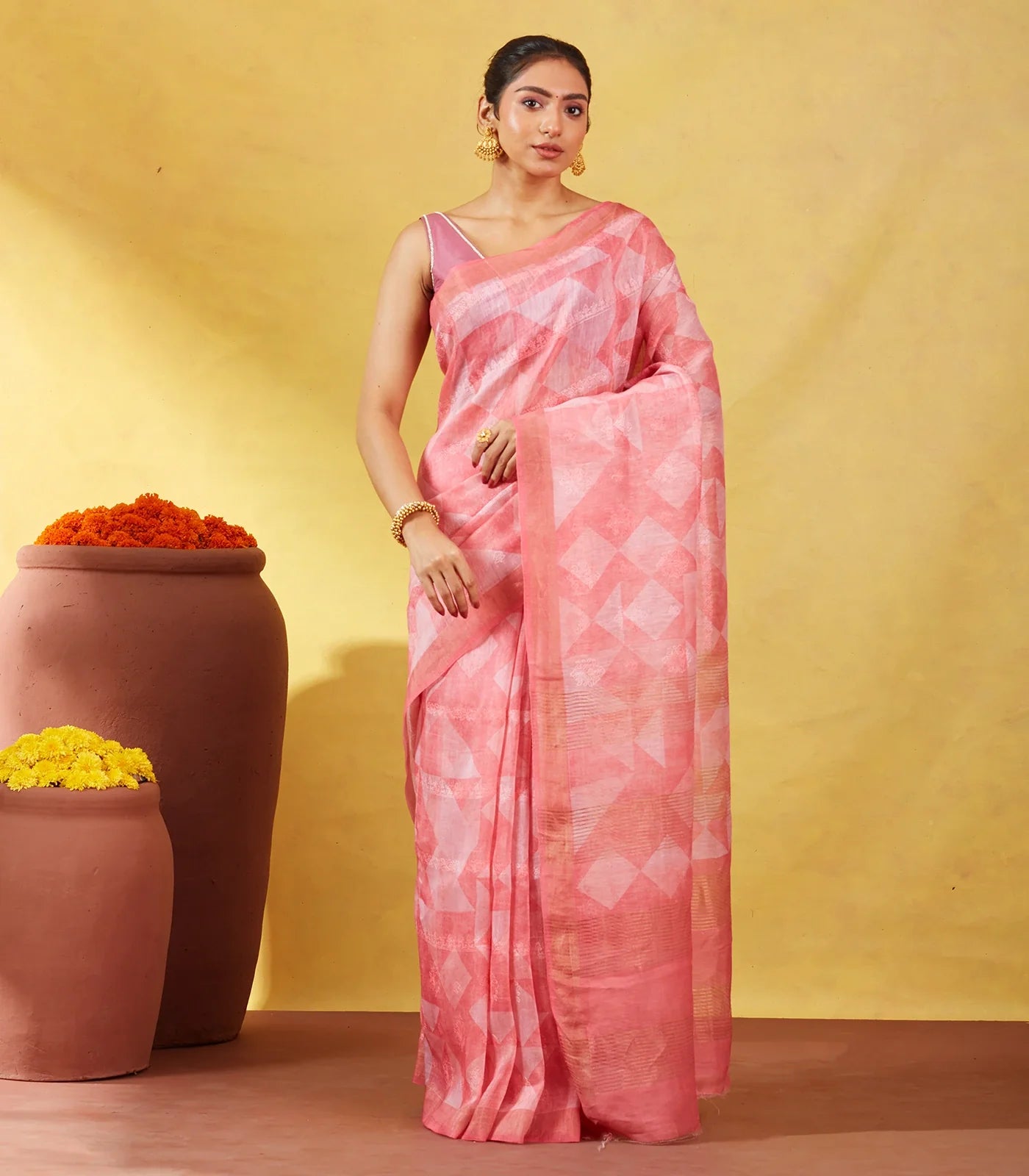 Peach Handwoven Linen Saree Printed With Geometric Motifs