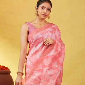 Peach Handwoven Linen Saree Printed With Geometric Motifs