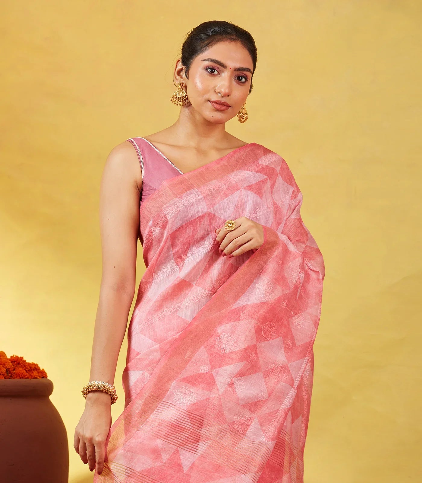 Peach Handwoven Linen Saree Printed With Geometric Motifs