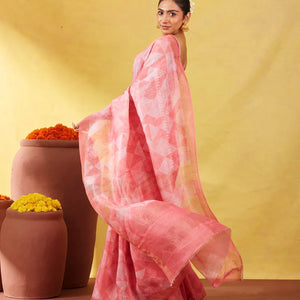 Peach Handwoven Linen Saree Printed With Geometric Motifs