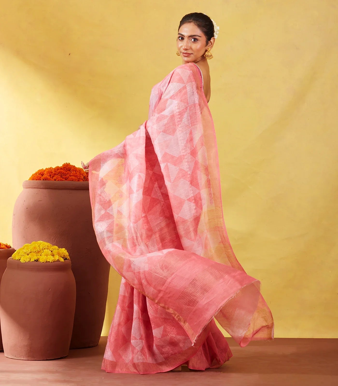 Peach Handwoven Linen Saree Printed With Geometric Motifs