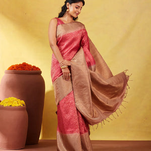 Dark Peach Soft Silk Saree With Floral Zari Motifs & Contrast Border