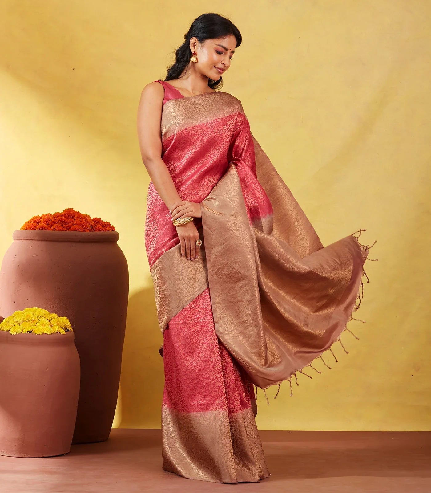 Dark Peach Soft Silk Saree With Floral Zari Motifs & Contrast Border
