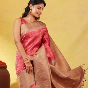Dark Peach Soft Silk Saree With Floral Zari Motifs & Contrast Border