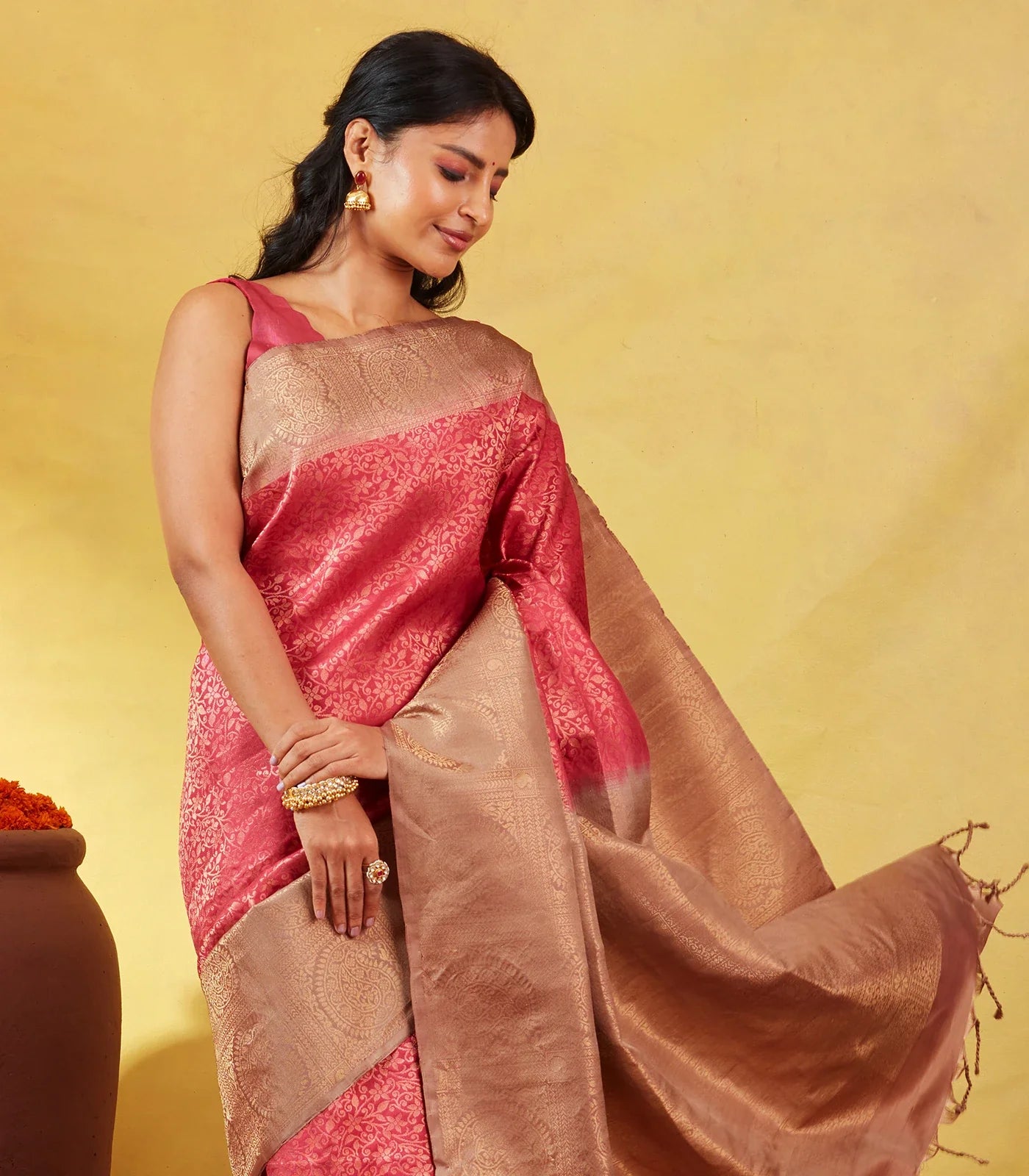 Dark Peach Soft Silk Saree With Floral Zari Motifs & Contrast Border