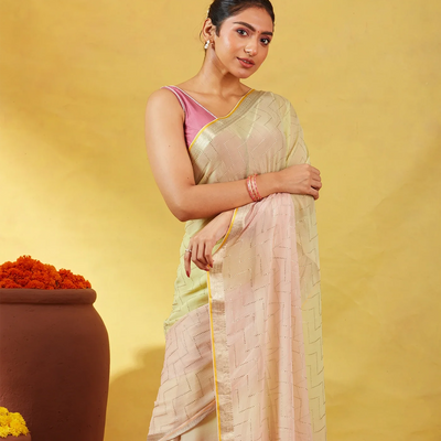 Light Peach Banarasi Georgette Saree With Chevron Motifs