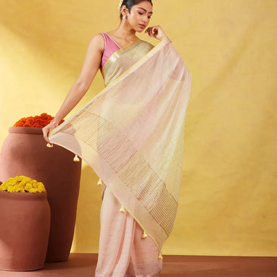 Light Peach Banarasi Georgette Saree With Chevron Motifs