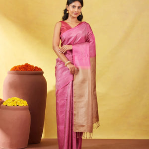 Dusty Pink Soft Silk Saree With Floral Zari Motifs & Contrast Pallu