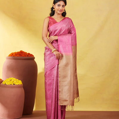 Dusty Pink Soft Silk Saree With Floral Zari Motifs & Contrast Pallu