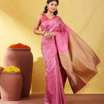 Dusty Pink Soft Silk Saree With Floral Zari Motifs & Contrast Pallu