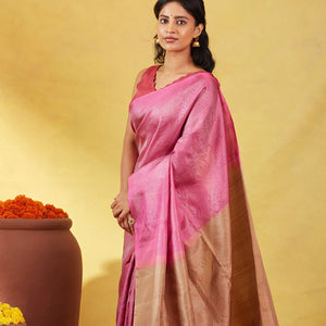 Dusty Pink Soft Silk Saree With Floral Zari Motifs & Contrast Pallu