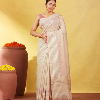 Taupe Handloom Tussar Silk Saree Embroidered With Floral Motifs
