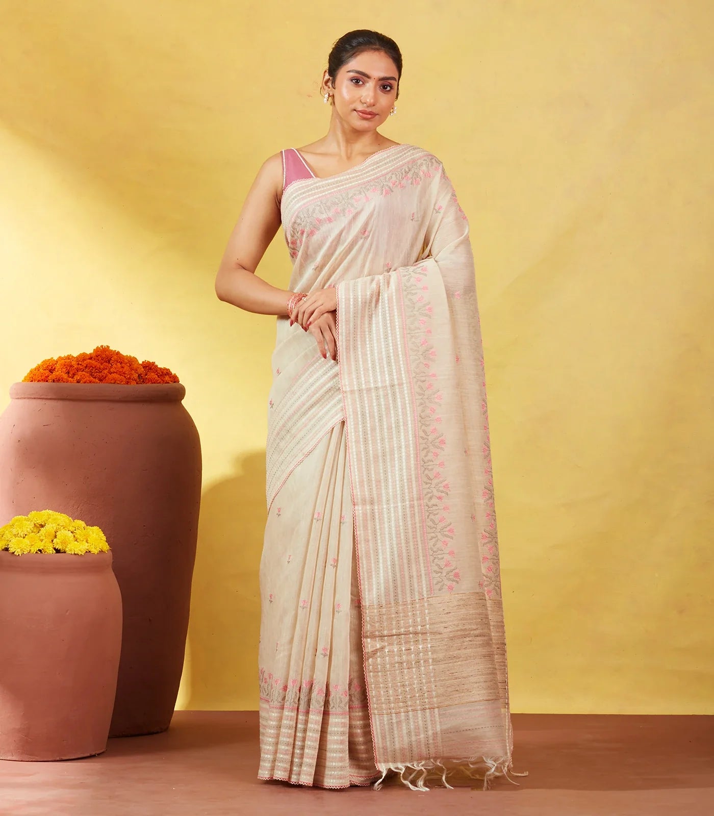 Taupe Handloom Tussar Silk Saree Embroidered With Floral Motifs