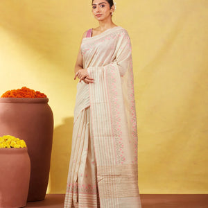 Taupe Handloom Tussar Silk Saree Embroidered With Floral Motifs